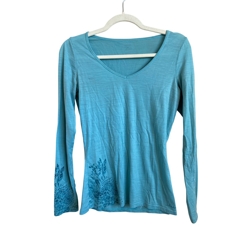 Icebreaker Merino Wool V-Neck Long Sleeve Floral Graphic Top Blue
